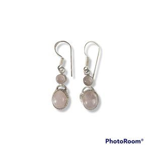 Double Rose Quartz Drop/Dangle Earrings Oval Cabochon Sterling Silver